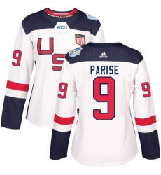 Women's Adidas Team USA #9 Zach Parise Premier White Home 2016 World Cup Hockey Jersey