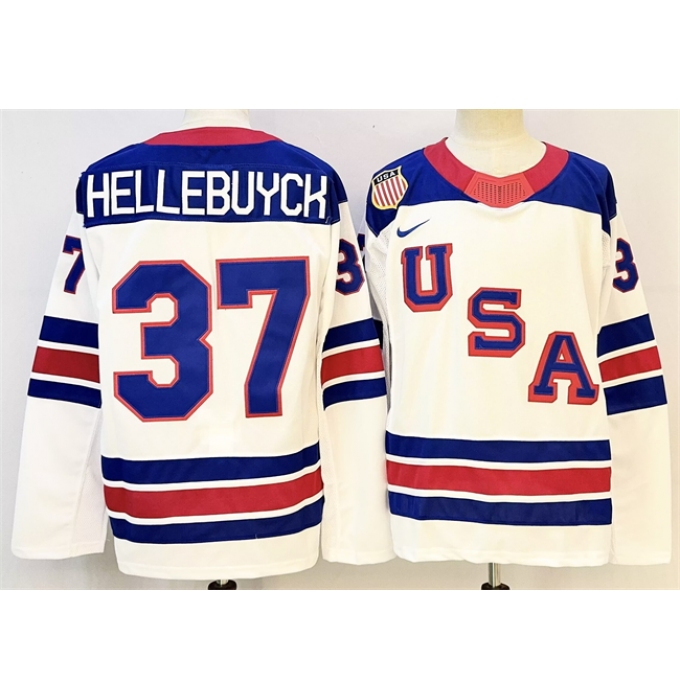 Men's USA #37 Connor Hellebuyck White 2025-2026 Stitched Jersey