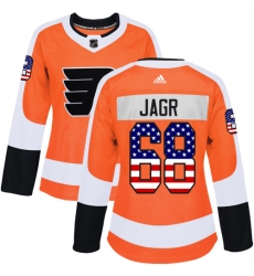 Women's Adidas Philadelphia Flyers #68 Jaromir Jagr Authentic Orange USA Flag Fashion NHL Jersey
