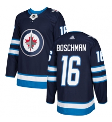 Men's Adidas Winnipeg Jets #16 Laurie Boschman Authentic Navy Blue Home NHL Jersey
