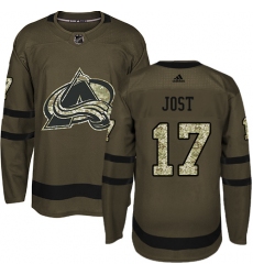 Youth Adidas Colorado Avalanche #17 Tyson Jost Premier Green Salute to Service NHL Jersey