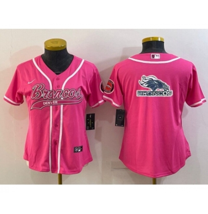 Women's Denver Broncos Pink Team Big Logo With Patch Cool Base Stitched Baseball Jersey