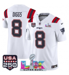 Men's New England Patriots #8 Stefon Diggs White 2025 F.U.S.E. Super Bowl LX And USA 250 Vapor Limited Football Stitched Jersey