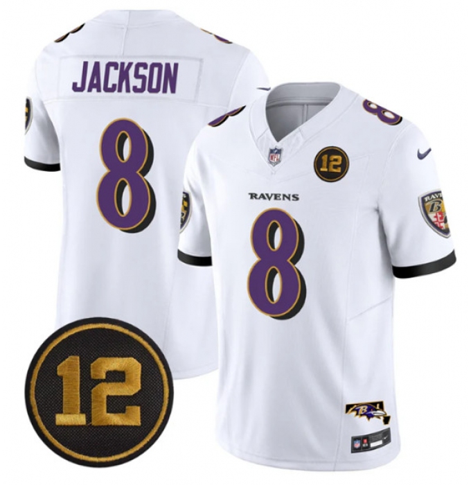 Men's Baltimore Ravens #8 Lamar Jackson White 2025 F.U.S.E Jacoby Jones Vapor Limited Football Jersey