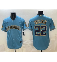 Men's Milwaukee Brewers #22 Christian Yelich Blue With Home & Bob Uecker Stitched Baseball Jersey