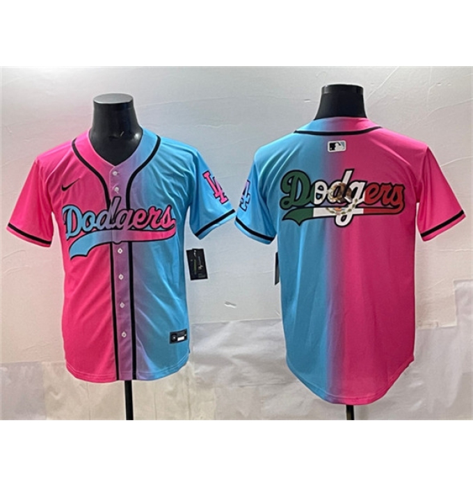 Men's Los Angeles Dodgers Team Big Logo Pink Blue Limited Stitched Baseball Jersey