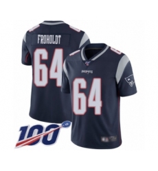 Youth New England Patriots #64 Hjalte Froholdt Navy Blue Team Color Vapor Untouchable Limited Player 100th Season Football Jersey