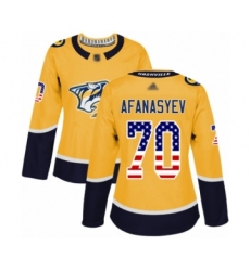 Women's Nashville Predators #70 Egor Afanasyev Authentic Gold USA Flag Fashion Hockey Jersey