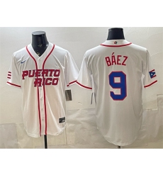 Men's Puerto Rico Baseball #9 Javier Báez White 2026 World Baseball Classic Home Stadium Stitched Jersey