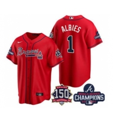 Men's Atlanta Braves #1 Ozzie Albies 2021 Red World Series Champions With 150th Anniversary Patch Cool Base Stitched Jersey