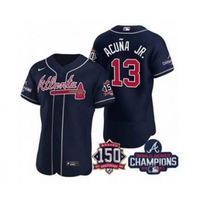 Men's Atlanta Braves #13 Ronald Acuna Jr. 2021 Navy World Series Champions With 150th Anniversary Flex Base Stitched Jersey