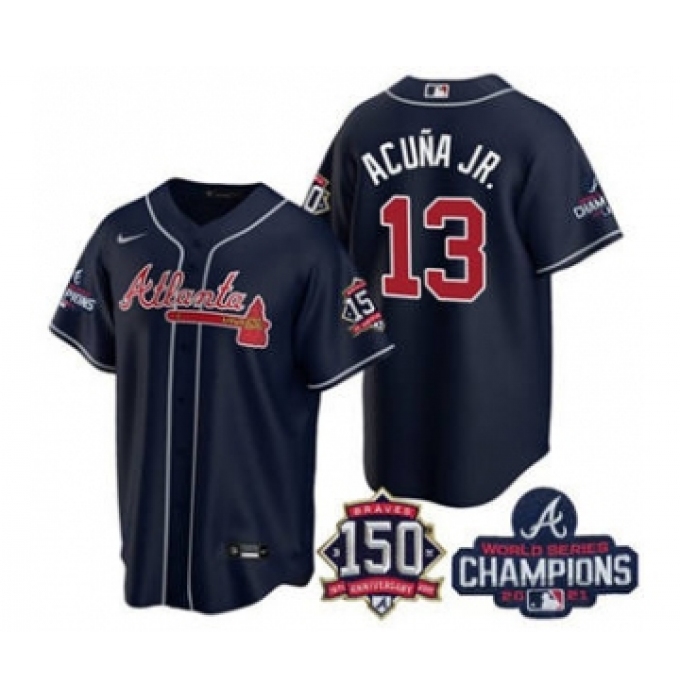 Men's Atlanta Braves #13 Ronald Acuna Jr. 2021 Navy World Series Champions With 150th Anniversary Patch Cool Base Stitched Jersey