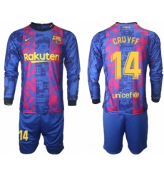 Men 2021-2022 Club Barcelona Second away blue Long Sleeve 14 Soccer Jersey
