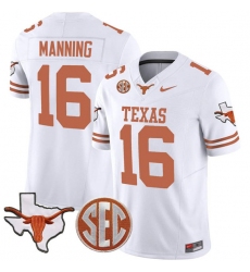 Men's Texas Longhorns #16 Arch Manning White F.U.S.E. Map & SEC Vapor Limited V4 Stitched Jersey