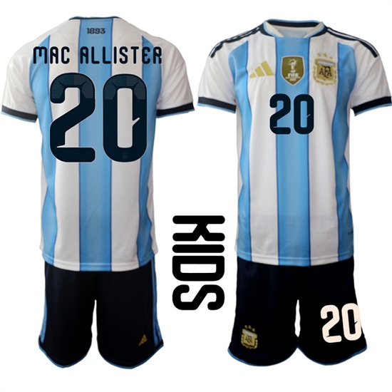 Youth Argentina #20 MAC ALLISTER National Team FIFA x World Cup 2026 Home White On Field Kids Jersey