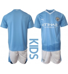 Kids Manchester City Blank 2023-24 Blue Home Soccer Jersey