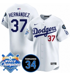 Men's Los Angeles Dodgers #37 Teoscar Hernandez White 2024 World Champions & Fernando Memorial Vapor Premier Home Limited Stitched Baseball Jersey