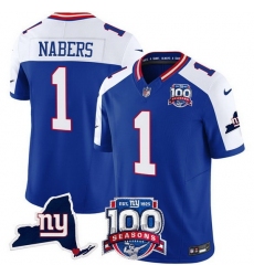 Men's New York Giants 1 Malik Nabers Royal 2024 F U S E 100th Season And State Vapor Limited Alternate Stitched Football Jersey