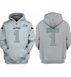 Men's Philadelphia Eagles #1 Jalen Hurts Gray Atmosphere Fashion Super Bowl LVII Patch Pullover Hoodie