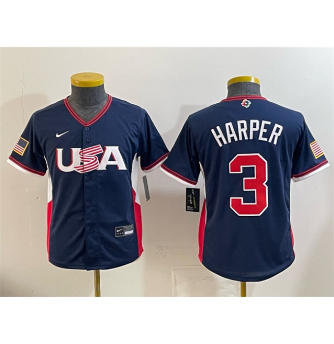 Youth USA Baseball #3 Bryce Harper Navy 2026 World Baseball Classic Stadium Stitched Baseball Jersey