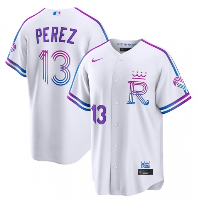 Men's Kansas City Royals #13 Salvador Perez White 2026 City Connect Stadium Stitched Baseball Jersey