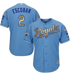 Youth Majestic Kansas City Royals #2 Alcides Escobar Authentic Light Blue 2015 World Series Champions Gold Program Cool Base MLB Jersey