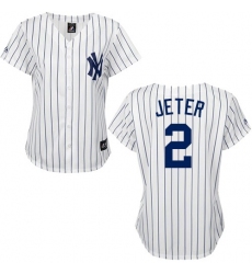 Women's Majestic New York Yankees #2 Derek Jeter Replica White/Black Strip MLB Jersey