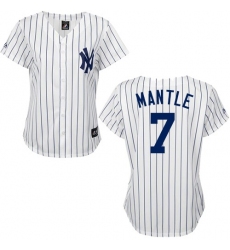 Women's Majestic New York Yankees #7 Mickey Mantle Replica White/Black Strip MLB Jersey