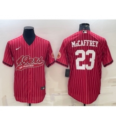 Men's San Francisco 49ers #23 Christian McCaffrey Red Pinstripe With Patch Cool Base Stitched Baseball Jersey