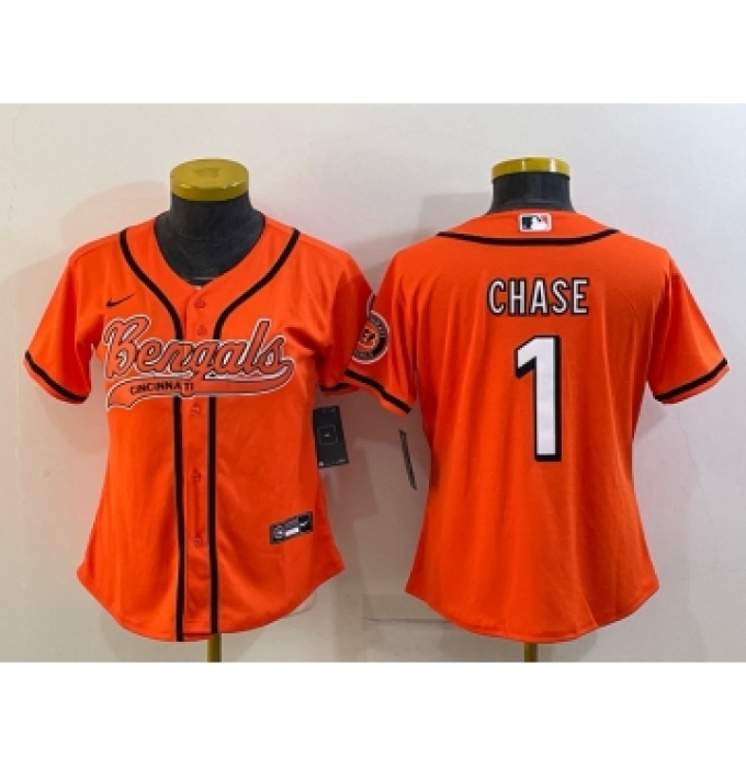 Women's Cincinnati Bengals #1 JaMarr Chase Orange With Patch Cool Base Stitched Baseball Jersey