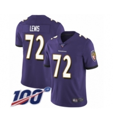Men's Baltimore Ravens #72 Alex Lewis Purple Team Color Vapor Untouchable Limited Player 100th Season Football Jersey